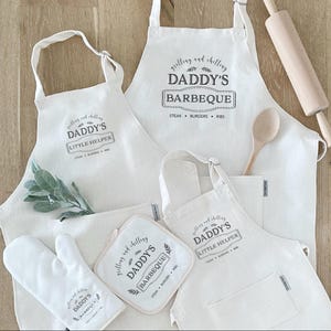Daddy's bbq kitchen collection - adult and child farmhouse aprons, oven mitts and pot holders