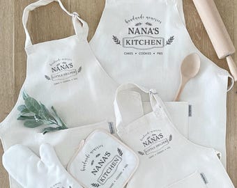 Personalized farmhouse apron set: nana's kitchen, matching family