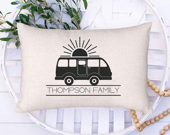 Personalized camper throw pillow | family name rv decor