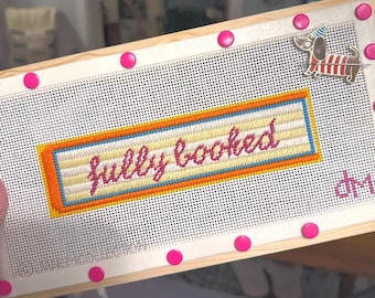 Colorful "Fully Booked" Needlepoint Bookmark- pink, orange, yellow stripe