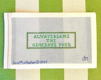 Lienzo de punto de cruz pintado a mano con la frase sarcástica "Generosa porción", decoración para carrito de bar, para colgar en la puerta, arte de pared, proyecto pequeño (1,5 x 4,25 pulgadas)