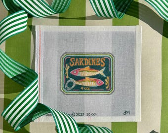 Hand-Painted Sardine Can Fish Tin Needlepoint Canvas: Teal and Silver Metallic Design