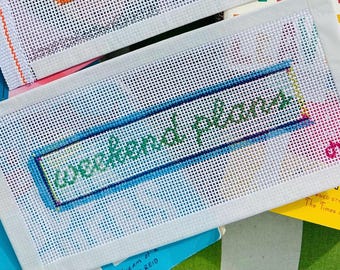 Bookmark "Weekend Plans" Hand-Painted Needlepoint Canvas Blue Striped