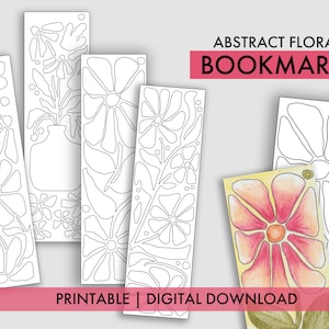 May include: Four printable bookmarks with abstract floral designs. The bookmarks are black and white line drawings. The text "ABSTRACT FLORALS BOOKMARKS" is at the top of the image. The text "PRINTABLE | DIGITAL DOWNLOAD" is at the bottom of the image.