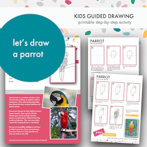 Papegaai Kinderactiviteit Stap-voor-stap Tekenkunstles Instant Digitale Download Afdrukbaar