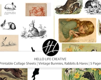 PRINTABLE COLLAGE SHEETS Vintage Bunnies, Rabbits and Hares Junk Journal Instant Digital Download