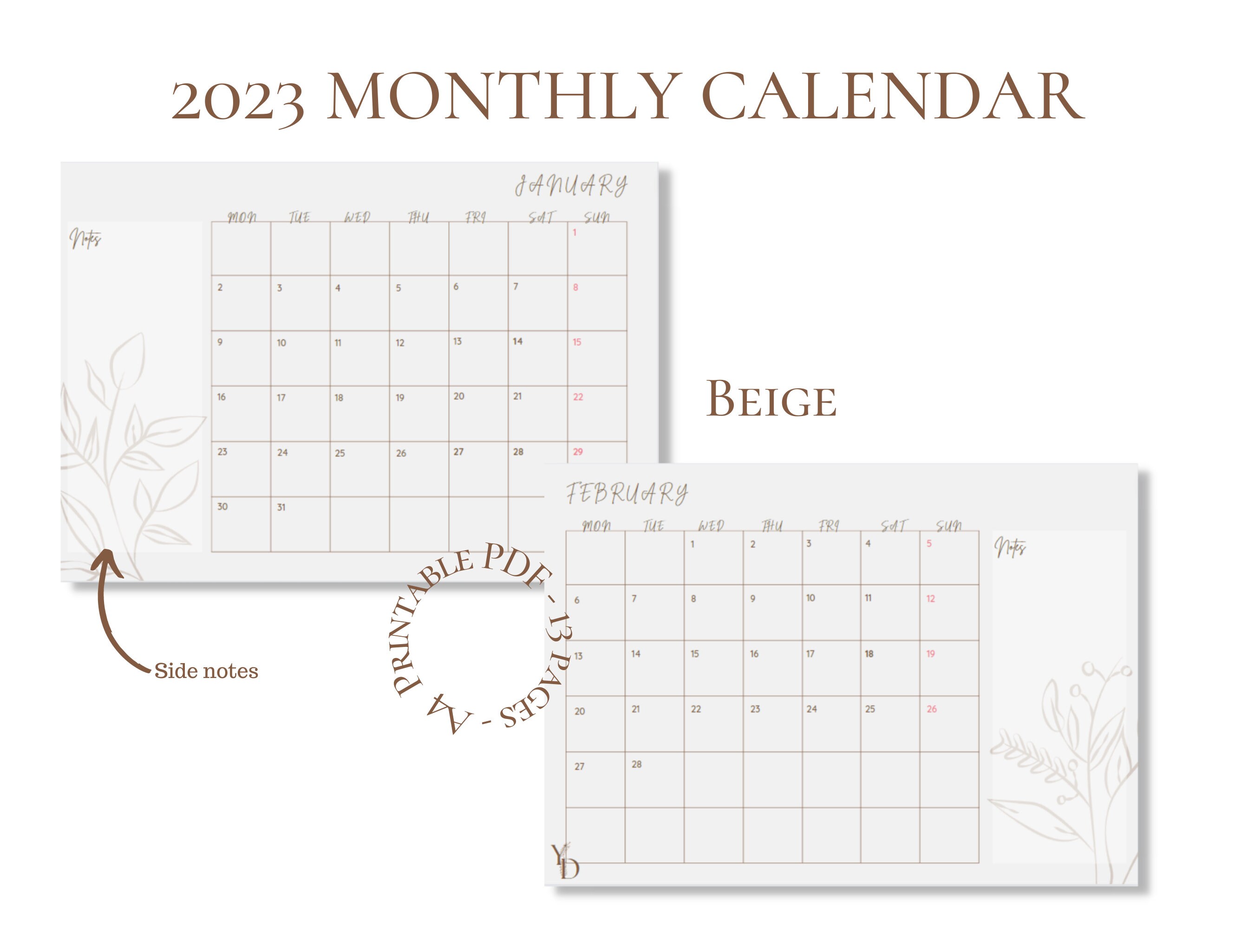 2023-monthly-calendar-a4-printable-calendar-pdf-minimalist-etsy