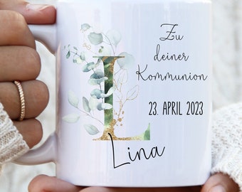 Kommunion Geschenk Tasse mit Namen und Eukalyptus