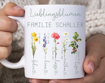 Geburtsblumen Tasse Namen personalisiert, Tasse Monatsblumen, Geschenk Familie Namenstasse