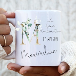 Tasse mit Namen Kommunion personalisiert Monogramm Eukalyptus