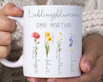 Tasse mit Namen Geburtsblumen, Kaffeetasse Monatsblumen personalisiert