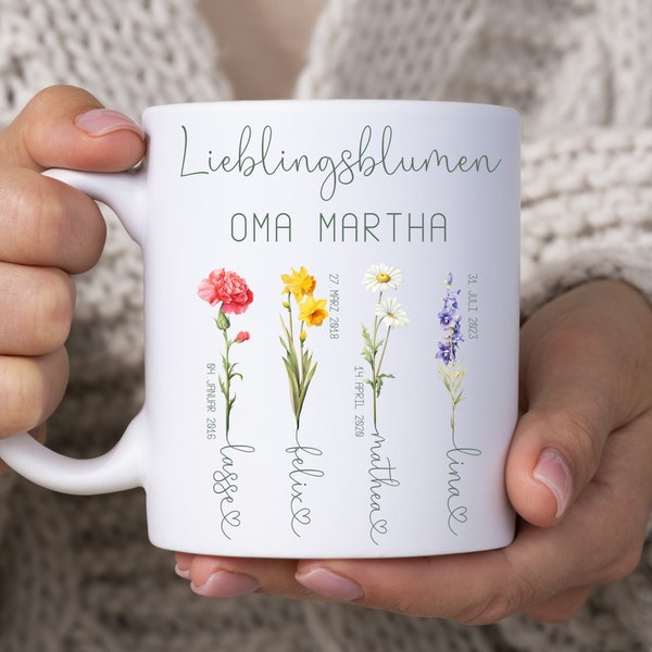 Tasse mit Namen Geburtsblumen, Kaffeetasse Monatsblumen personalisiert