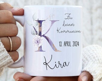 Namenstasse zur Kommunion mit Namen Monogramm lila Blumen personalisiert