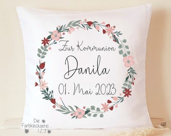 Kommunion Geschenk Kissen Name personalisiert Blumenkranz