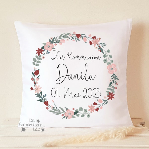 Kommunion Geschenk Kissen Name personalisiert Blumenkranz