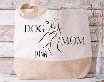 Jutetasche DOG MOM Namen Hund personalisiert Hundepfote Hand