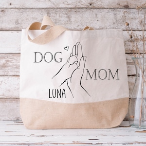 Jutetasche DOG MOM Namen Hund personalisiert Hundepfote Hand Bild 1