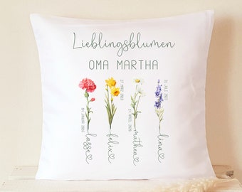 Geschenk Oma, Kissen mit Namen Geburtsblumen, Namenskissen Monatsblumen, Kissenbezug personalisiert Blumen