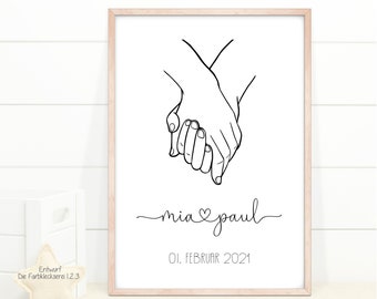 Personalisiertes Geschenk zur Hochzeit, Wandbild mit Namen des Brautpaares, Hände, Liebe, Verbundenheit