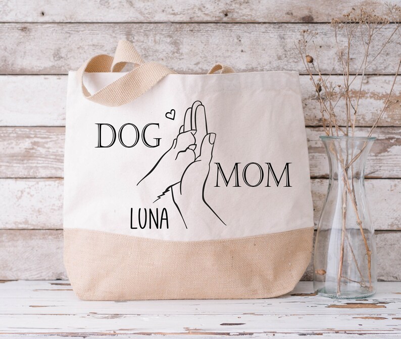 Jutetasche DOG MOM Namen Hund personalisiert Hundepfote Hand Bild 1