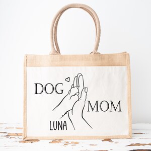 Jutetasche DOG MOM Namen Hund personalisiert Hundepfote Hand Jutetasche