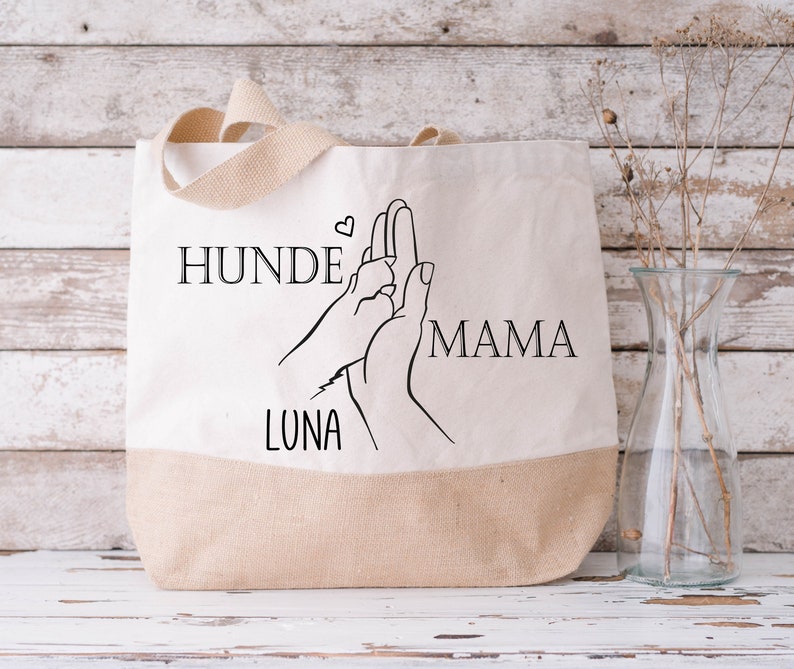 Jutetasche DOG MOM Namen Hund personalisiert Hundepfote Hand Jutebag