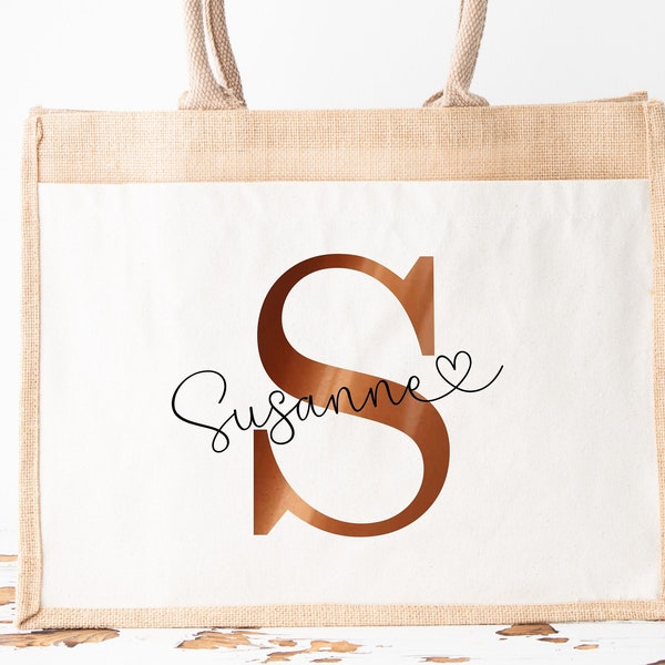 Jutetasche mit Namen Initial personalisiert Arbeitstasche Geschenk Shopper Jute Markttasche