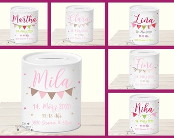 Geschenk zur Geburt Mädchen Spardose Geburtstagsgeschenk Baby personalisiert Keramik