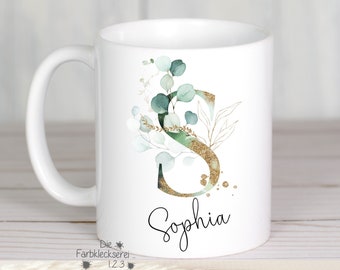 Kaffeebecher, Tasse mit Name und Monogramm personalisiert, Eukalyptus