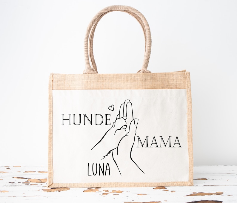 Jutetasche DOG MOM Namen Hund personalisiert Hundepfote Hand Bild 4