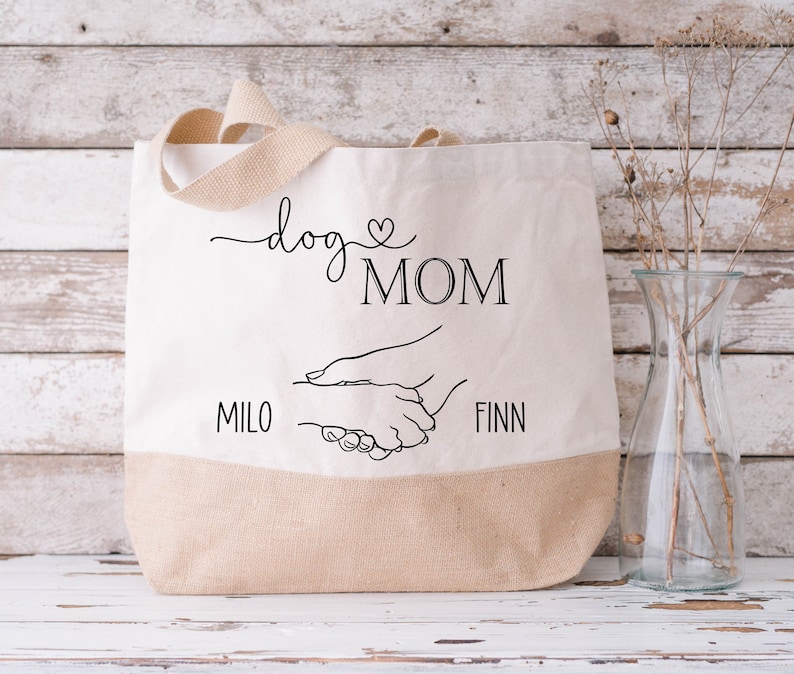 Jutetasche DOG MOM Namen Hund personalisiert Hundepfote Hand Bild 3