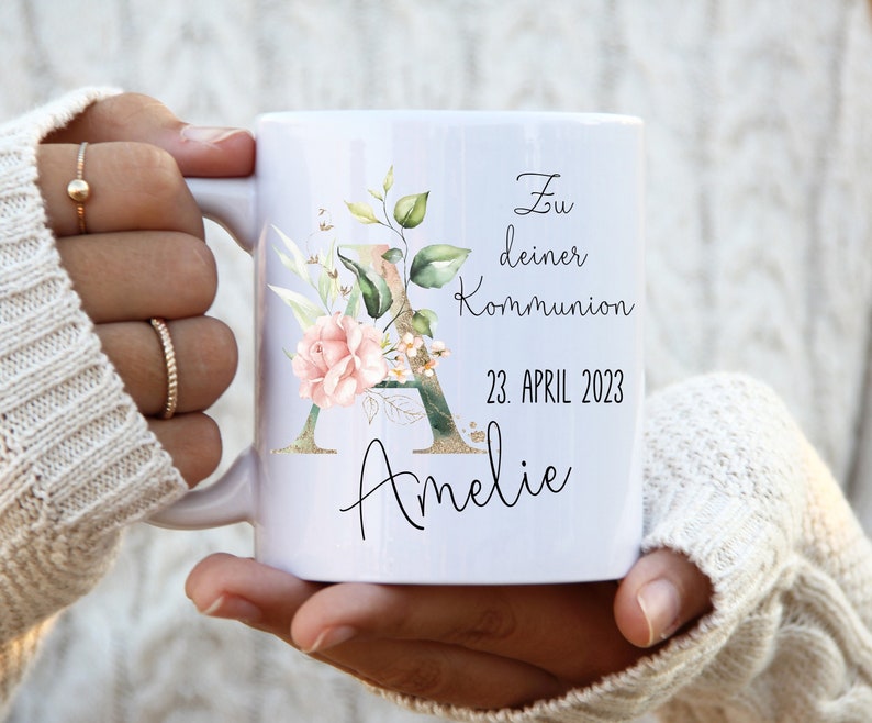 Tasse mit Namen Kommunion personalisiert Monogramm Rose Rosa/weiß