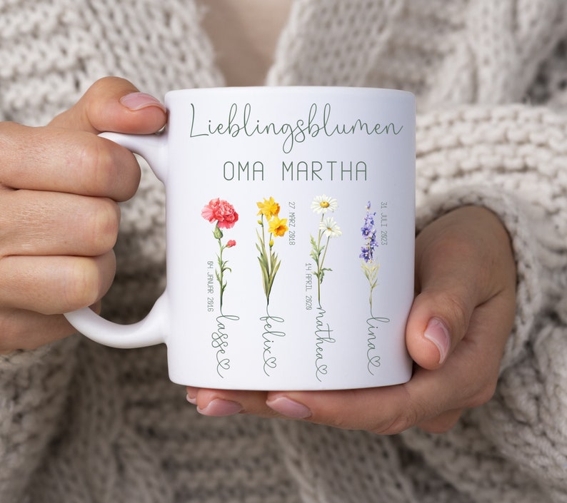 Tasse mit Namen Geburtsblumen, Kaffeetasse Monatsblumen personalisiert Oma