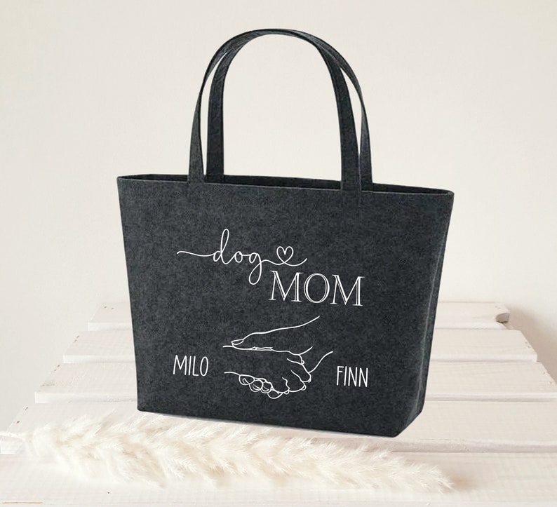 Jutetasche DOG MOM Namen Hund personalisiert Hundepfote Hand Filztasche