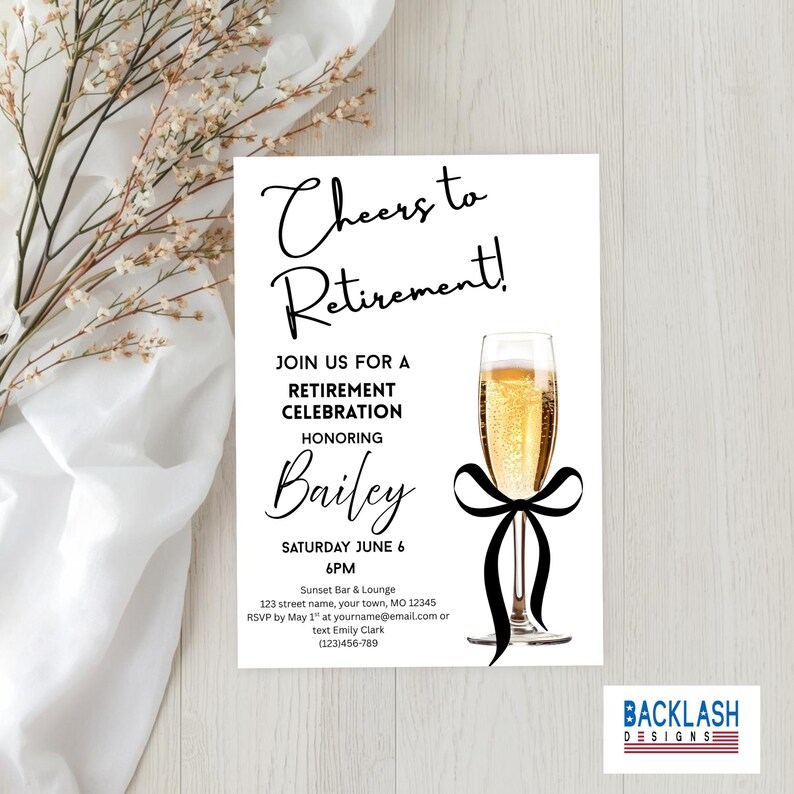 Editable Retirement Party Invitation, Cheers, Black Bow and Champagne ...