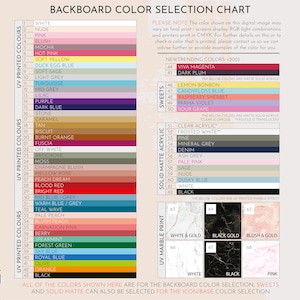 May include: Color selection chart for backboards and icons.  The chart shows a variety of colors in different categories: UV Printed Colors, UV Marble Print, Solid Matte Acrylic, and Sweets.  The chart includes color names and numbers.  The text "PLEASE NOTE" is at the top of the chart, followed by a note about color variations in digital vs. printed formats.  The text "NEWTRENDING COLORS <2023" is at the top of the chart, followed by a list of colors.  The text "THE BELOW COLORS ARE MATTE SOLID ACRYLIC" is at the top of the chart, followed by a list of colors.  The text "THE BELOW COLORS ARE MATTE SOLID ACRYLIC CLEAR IS OPAQUE FROSTED IS TRANSLUCENT" is at the top of the chart, followed by a list of colors.  The text "THE BELOW COLORS ARE UV PRINTED MARBLE EFFECT" is at the top of the chart, followed by a list of colors.  The text "ALL OF THE COLORS SHOWN HERE ARE FOR THE BACKBOARD COLOR SELECTION, SWEETS AND SOLID MATTE CAN ALSO BE SELECTED FOR THE ICON/BASE COLOR SELECTION" is at the bottom of the chart.