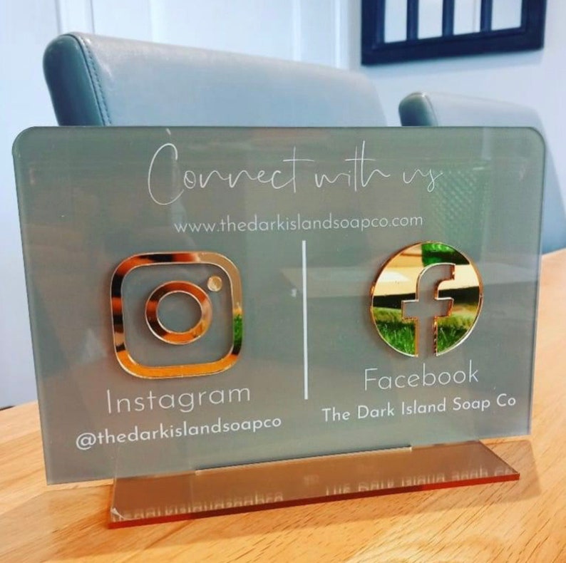 Social media sign for small business, gold & white mirror icons, connect with us sign, custom acrylic business logo sign, reception office counter top standee table talker