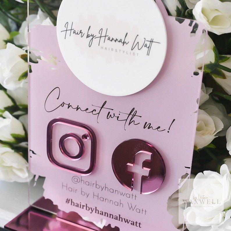 Personalised Social Media Acrylic Sign Stand with Business Logo | Salon Sign | Beauty Sign | Beautician Sign QR Code | Social Network Plaque image 9