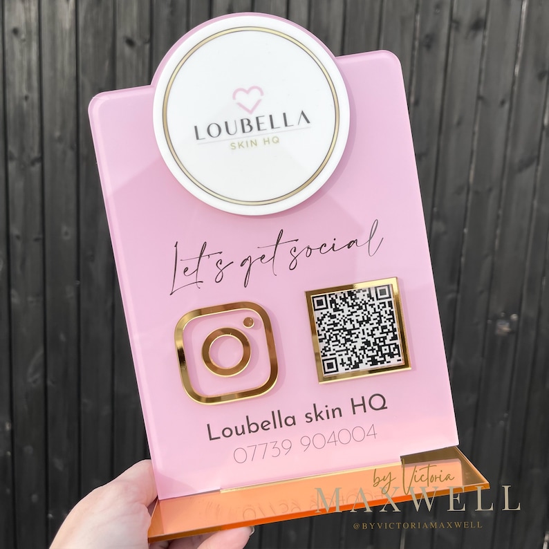 Personalised Social Media Acrylic Sign Stand with Business Logo | Salon Sign | Beauty Sign | Beautician Sign QR Code | Social Network Plaque image 1