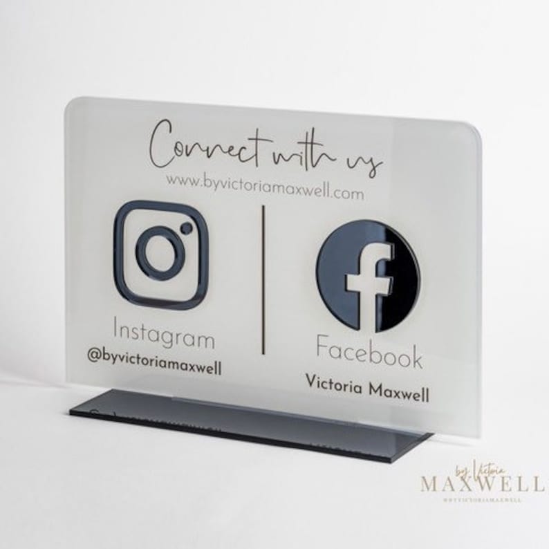 Social media sign for small business, gold & white mirror icons, connect with us sign, custom acrylic business logo sign, reception office counter top standee table talker