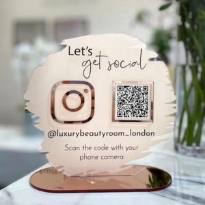 Custom Circular Acrylic QR Code Sign | Social Media Salon Sign | Beauty Business Counter Display | Hairdresser or Beautician Reception Sign