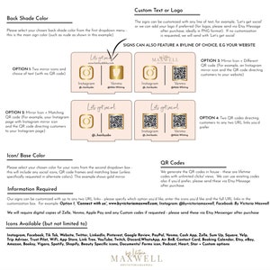 May include: A customizable sign template with a gold mirror icon and QR code. The sign features the text "Let's get social" and the social media handles "@hairbyabs" and "@Abbi Whiting". The sign is available in various colors and can be customized with your own text or logo.