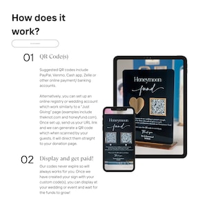 May include: A black and gold sign with a heart and the text "Honeymoon Fund" and a QR code. The sign is on a white background. The sign is a great way to collect donations for a honeymoon.