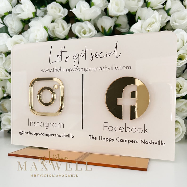 Social media sign for small business, gold & white mirror icons, connect with us sign, custom acrylic business logo sign, reception office counter top standee table talker