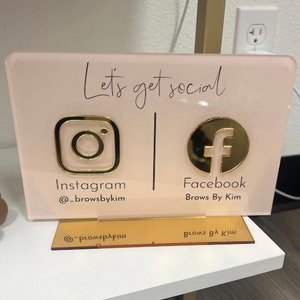 Social media sign for small business, gold & white mirror icons, connect with us sign, custom acrylic business logo sign, reception office counter top standee table talker