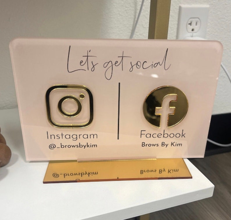 Social media sign for small business, gold & white mirror icons, connect with us sign, custom acrylic business logo sign, reception office counter top standee table talker