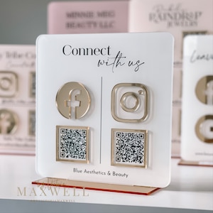 Business Review QR Code Sign, Social Media Sign Plaque, Connect With Us, Scan to Pay, Multi Social Platform Marketing