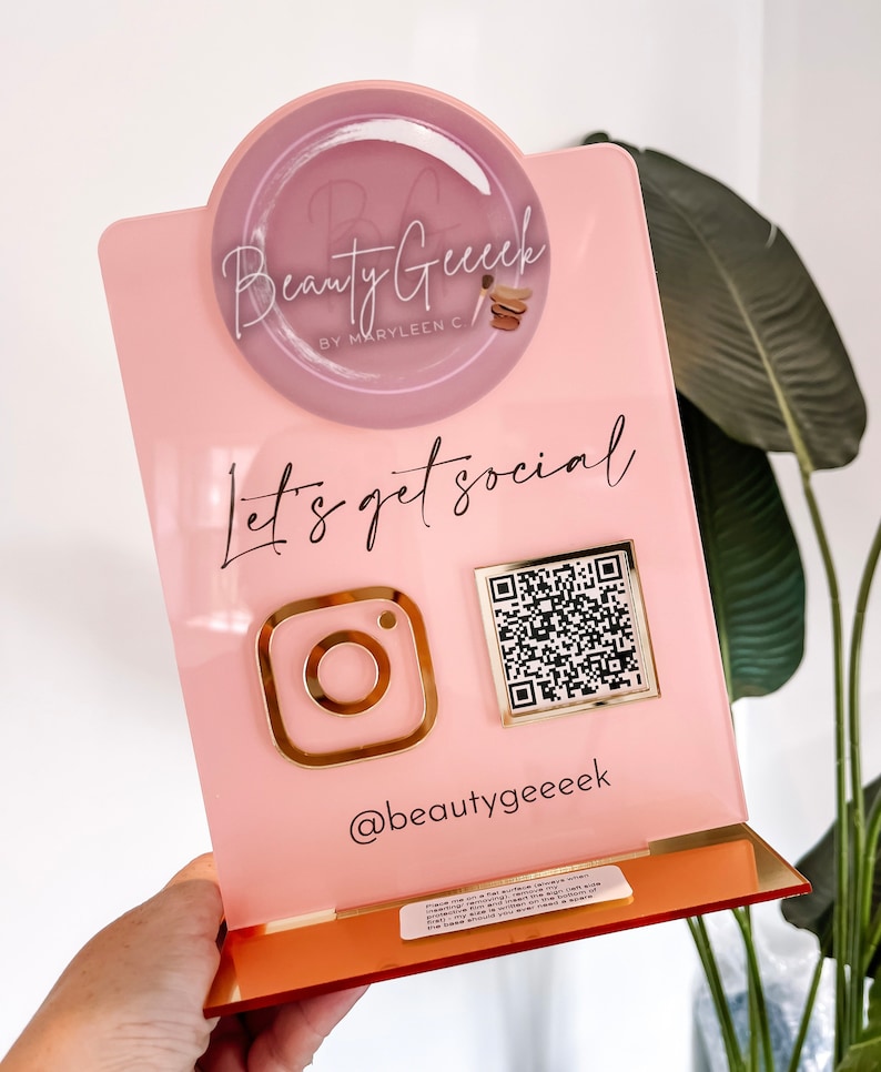 Personalised Social Media Acrylic Sign Stand with Business Logo | Salon Sign | Beauty Sign | Beautician Sign QR Code | Social Network Plaque image 6