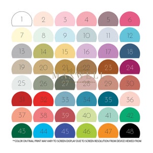 May include: Color chart with 48 different shades of paint, arranged in rows of 8. The colors range from light to dark, and from cool to warm. The chart is labeled with numbers 1 through 48.