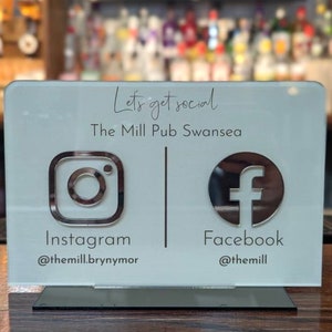 Social media sign for small business, gold & white mirror icons, connect with us sign, custom acrylic business logo sign, reception office counter top standee table talker
